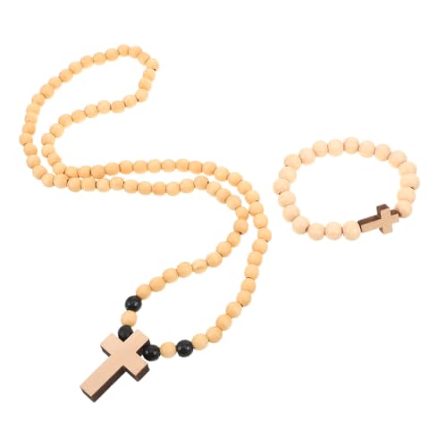 Garneck 2pcs Wooden Religious Prayer Bead Necklace for Women, Beige Beads