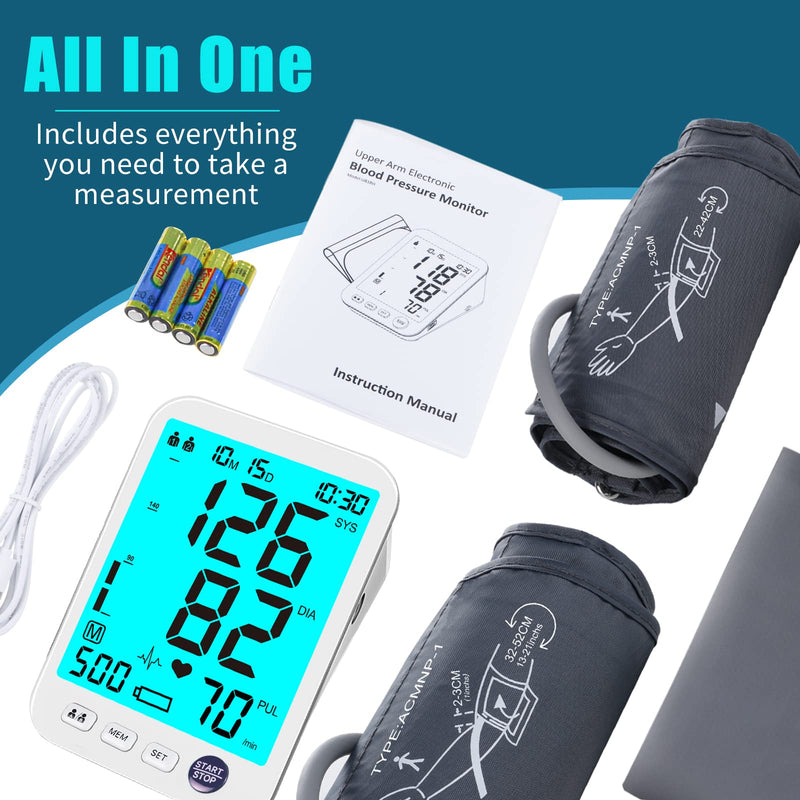 [Australia - AusPower] - Blood Pressure Monitor-Automatic Blood Pressure Machine XL Cuff for Big Arms 13-21”-Medium/Large Cuff 9"-17" Extra Large Backlit LCD Two User 1000 Mem (Blue 