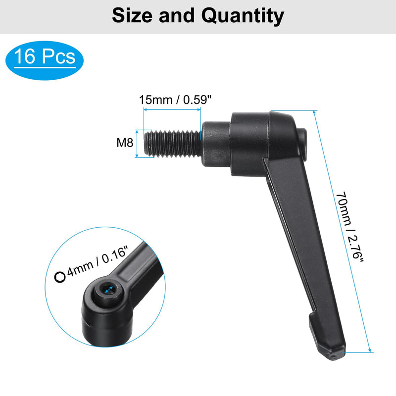 [Australia - AusPower] - uxcell 16pcs Lever Adjustable Handles M8 x 15mm Metric Male Thread, Level Clamping Handle Hand Stud Knobs Rotating Screw Handles Bolts with Locking Lever, Black 