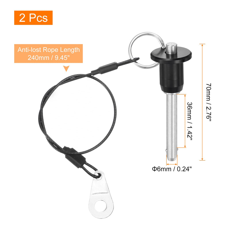 [Australia - AusPower] - uxcell 2 Pcs Quick Release Pin, 1/4" x 1.42"(Dia. x L) Ball Locking Pin with Push Button 304 Stainless Steel Ring Handle Locking Pin with Wire for Audio Bimini Top Marine, Silver 1/4" x 1.42" 