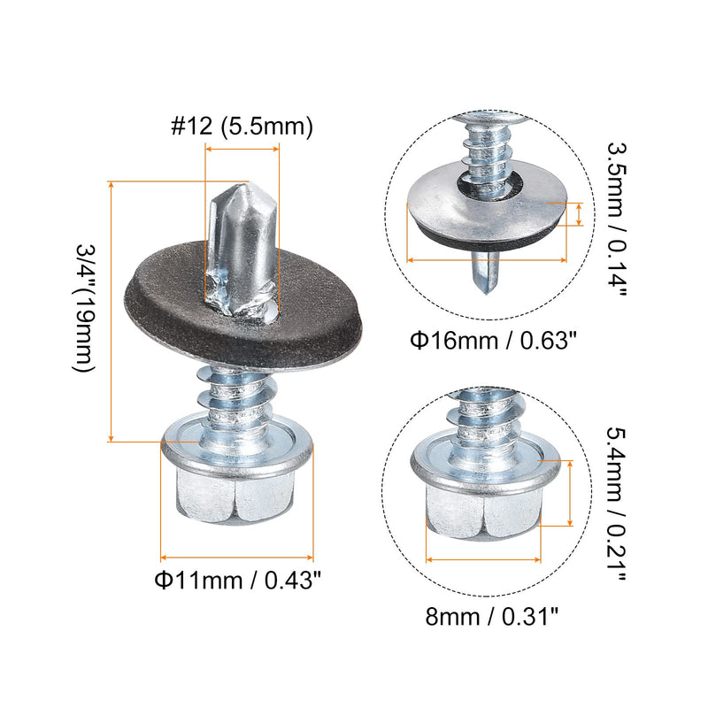 [Australia - AusPower] - uxcell #12 x 3/4" Self Drilling Screws with Rubber Washer, 100pcs Zinc Plated Steel Roofing Screws Hex Head Self Tapping Screws with EPDM Washer for Metal to Metal #12 x 3/4" 100 
