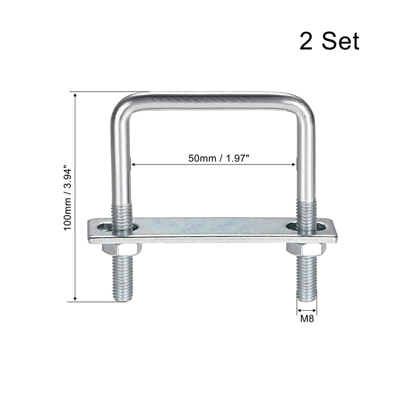 [Australia - AusPower] - uxcell Square U-Bolts 2"(50mm) Inner Width 100mm Length Carbon Steel M8 with Nuts, Frame Plate, Round Washers 2 Set 50x100mm(W*L) 