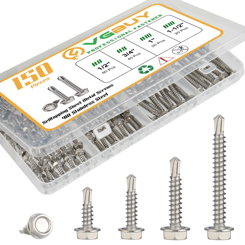 [Australia - AusPower] - 150Pcs Self Drilling Screws Assortment Kit, 410 Stainless Steel Self Tapping Sheet Metal TEK Screws, 8 1/2" 3/4" #10 1" 1-1/2", Hex Washer Head 
