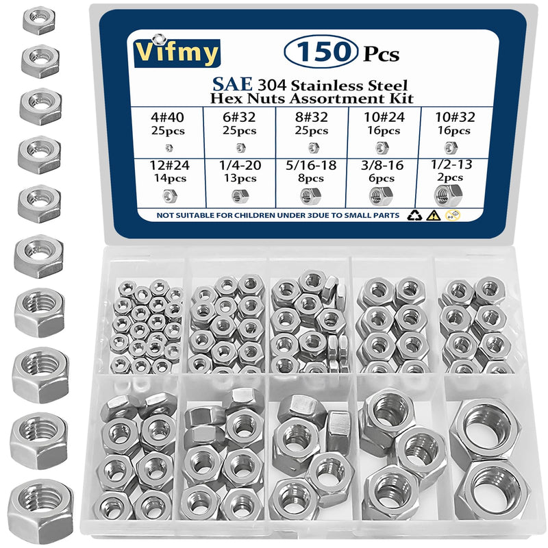 [Australia - AusPower] - 150pcs SAE Hex Nuts Assortment Kit,4#40 6#32 8#32 10#24 10#32 12#24 1/4-20 5/16-18 3/8-16 1/2-13 Hardware Nuts Sets,304 Stainless Steel SAE 150 Pack 