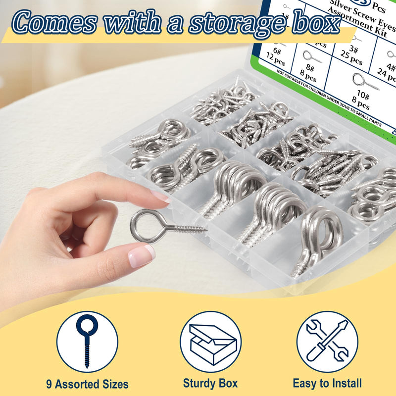 [Australia - AusPower] - Screw Eyes Assortment Kit(195Pcs),0.75" 0.78" 0.90" 1" 1.1" 1.18" 1.39" 1.57" 1.75" Zinc Plated Eyelet Screws,Metal Small Tapping Screw Hooks Ring,Silver Silver 