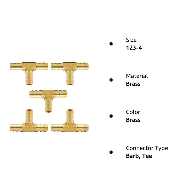 [Australia - AusPower] - Brass Hose Barb Tee 1/4" x 1/4"x 1/4" Barbed T -Fitting 3 Ways Air Hose Fittings Pack of 5 123-4 
