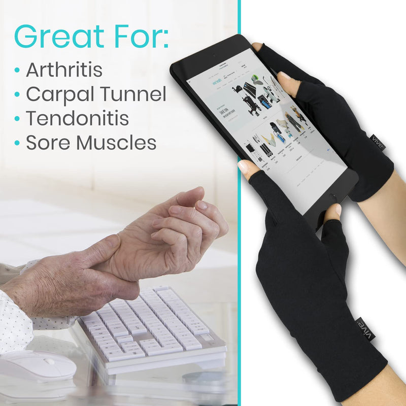 [Australia - AusPower] - Vive Rheumatoid Arthritis Gloves - Men and Women Fingerless Compression Wrap for Hand Pain and Osteoarthritis - Black Hand Wrap for Arthritic Joint Symptom Relief - Open Finger Fit Medium 