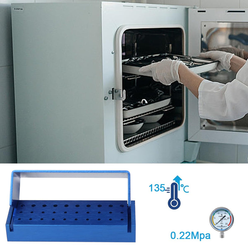 [Australia - AusPower] - Dental Burs Holder Block Case 30 Holes 2Pcs Disinfection Diamond Burs Aluminium Autoclavable Opening Box for Laboratory Clinics（Sliver and Blue） 