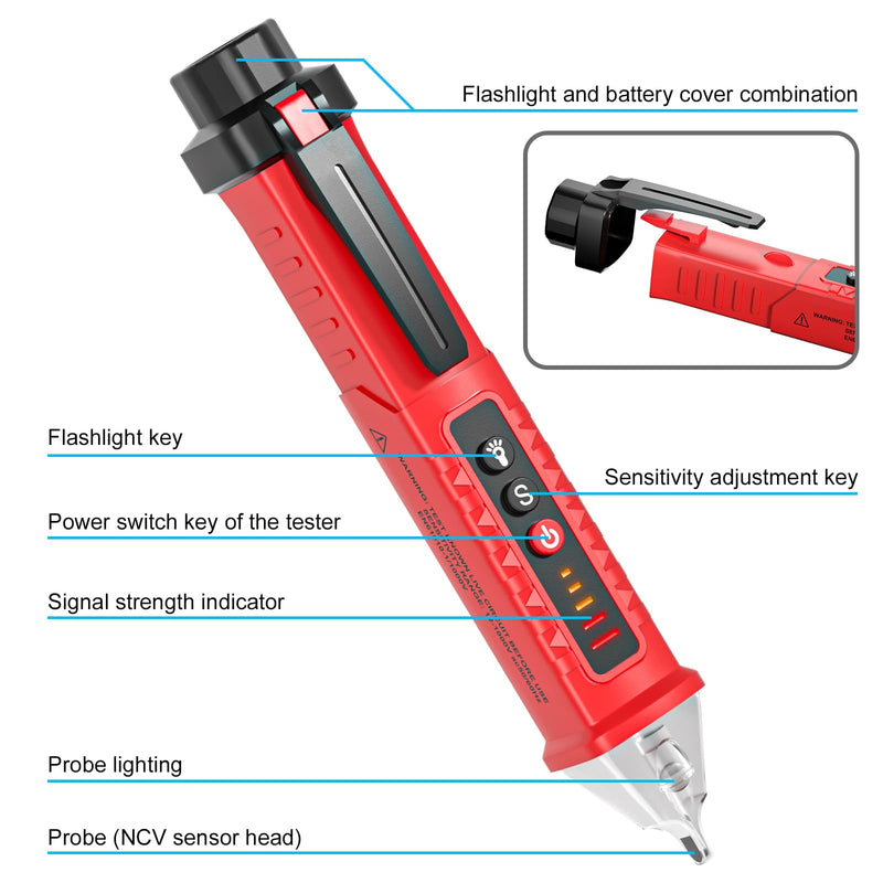 [Australia - AusPower] - Voltage Tester HS-3201 Red,Non Contact Voltage Tester AC, Multi-Function Electricity Detector Pen 90V-1000V with LED Flashlight Buzzer Alarm Wire Breakpoint Finde 