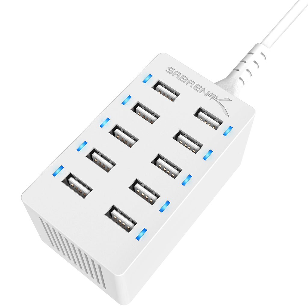 [Australia - AusPower] - SABRENT 60 Watt (12 Amp) 10 Port [UL Certified] Family Sized Desktop USB Rapid Charger. Smart USB Charger with Auto Detect Technology [White] (AX-TPCS-W) 10-Port 
