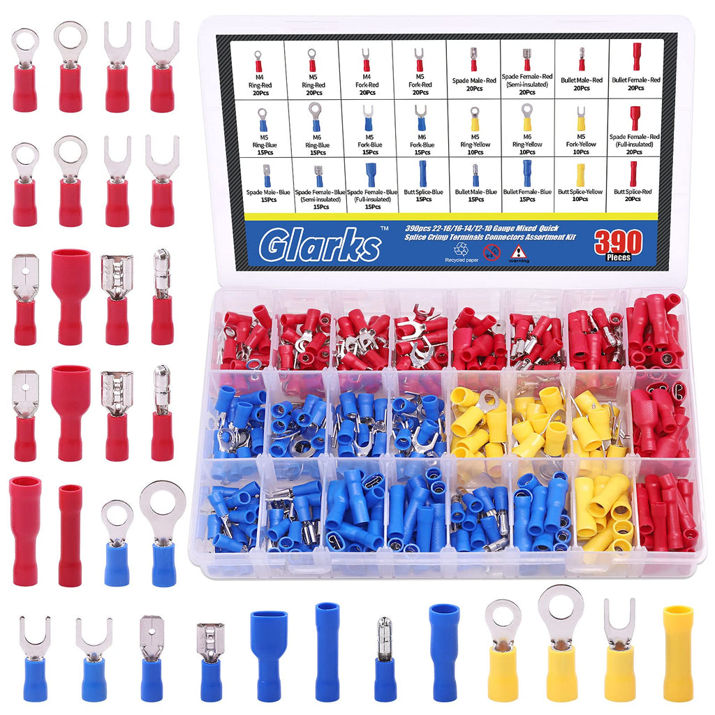 [Australia - AusPower] - Glarks 355pcs 22-16/16-14/12-10 Gauge Mixed Quick Disconnect Electrical Insulated Butt Bullet Spade Fork Ring Solderless Crimp Terminals Connectors Assortment Kit 