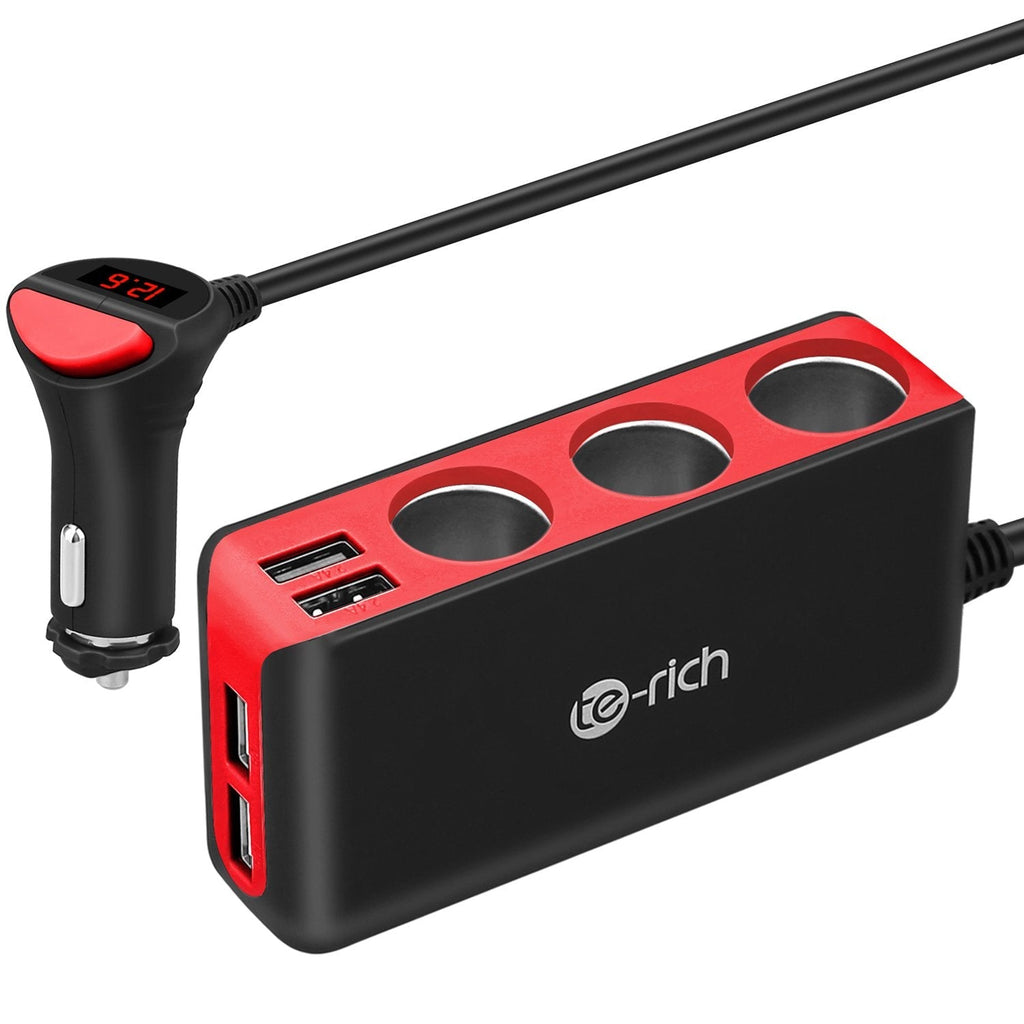 [Australia - AusPower] - Te-Rich Cigarette Lighter Adapter, 12V/24V 3-Outlet Car Power Splitter, 120W Car Charging Station with 4 USB Charger, Multi Port Charger Extension USB Hub for Cell Phones, Dash Cam, GPS and More Red 