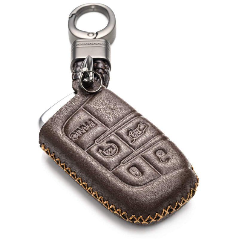 [Australia - AusPower] - Vitodeco Genuine Leather Smart Key Keyless Remote Entry Fob Case Cover with Key Chain for Jeep, Dodge, Chrysler (5 Buttons, Brown) 5 Buttons 