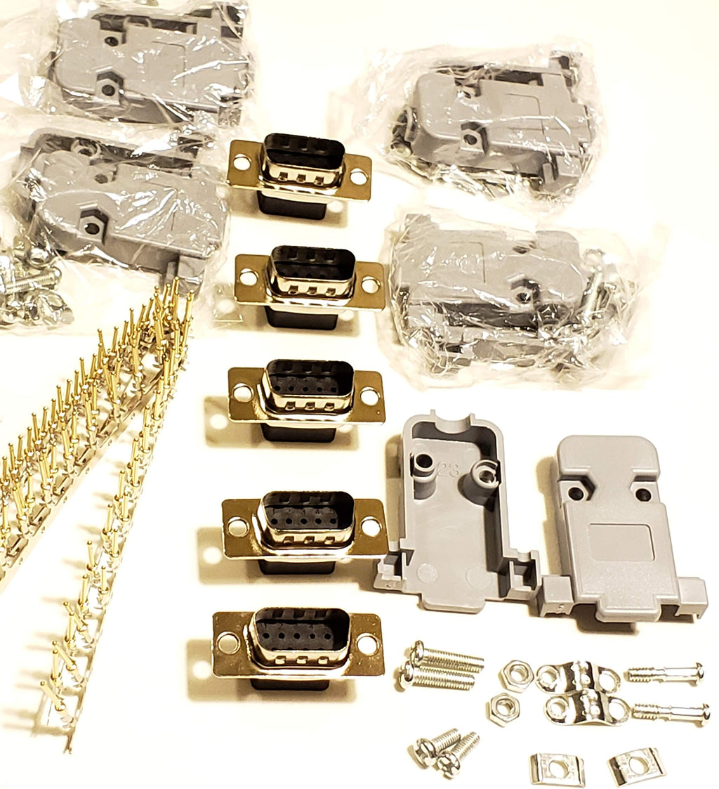 [Australia - AusPower] - Connectors Pro 5 Sets Crimp Type DB9 Male + Plastic Hoods + Pins Set, D-Sub 9P Male Crimp Connector, Pin & Hood Kit (5 DB9 Male + 5 Hoods + 50 Pins) 