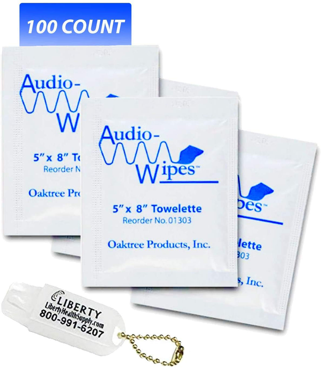 [Australia - AusPower] - Audio-Wipes Cleaning Towelettes, Individually Wrapped, Package of 100 and Liberty Hearing Aid Battery Keychain 