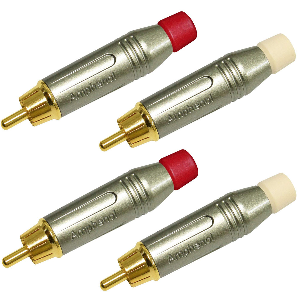 [Australia - AusPower] - Amphenol ACPR Satin Nickel Die-Cast, Gold Plated RCA Connectors (Red & White Boots) – 4 Pack – (2X ACPR-SRD + 2X ACPR-SWH) 