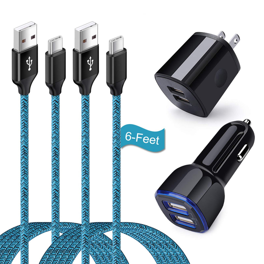 [Australia - AusPower] - Dual USB Car Charger, Wall Plug with 2 Pack Type C Cable for Samsung Galaxy A50 A20 S21 S21+ S20+ Ultra S10 Note 20 Ultra 10 A51 A71 A10E S10E black blue 