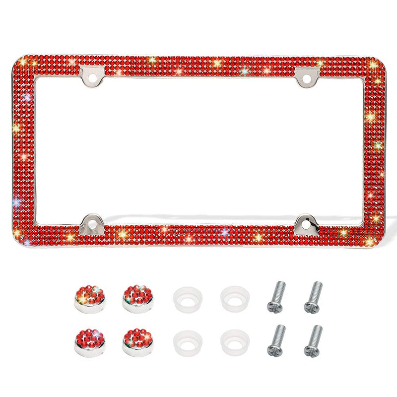 [Australia - AusPower] - Otostar Bling License Plate Frame, Handcrafted 4 Rows Shiny Rhinestones Stainless Steel 4 Holes License Plate Frame with Anti-Theft Screws Caps Set (Red, 1 Pack) Red 