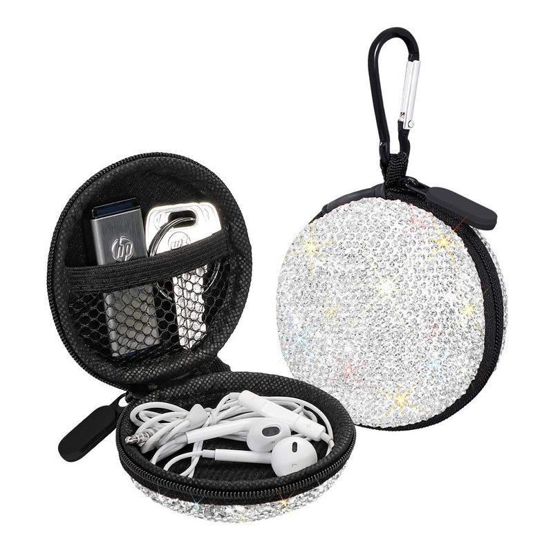 [Australia - AusPower] - SAVORI Earphone Case Earbuds Small Carrying Cases Bling Rhinestone Crystal Portable Headphone Organizer Storage Pouch Bag with Carabiner 1 Pack (White) White 