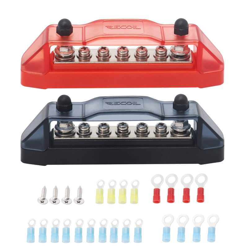 [Australia - AusPower] - RECOIL BBS25P Bus Bar 2 x 1/4” Studs and 5 Screw Terminals Power Distribution Block with Ring Terminals Pair Red & Black Red & Black 2xM5 Studs 5 Screws Pair 