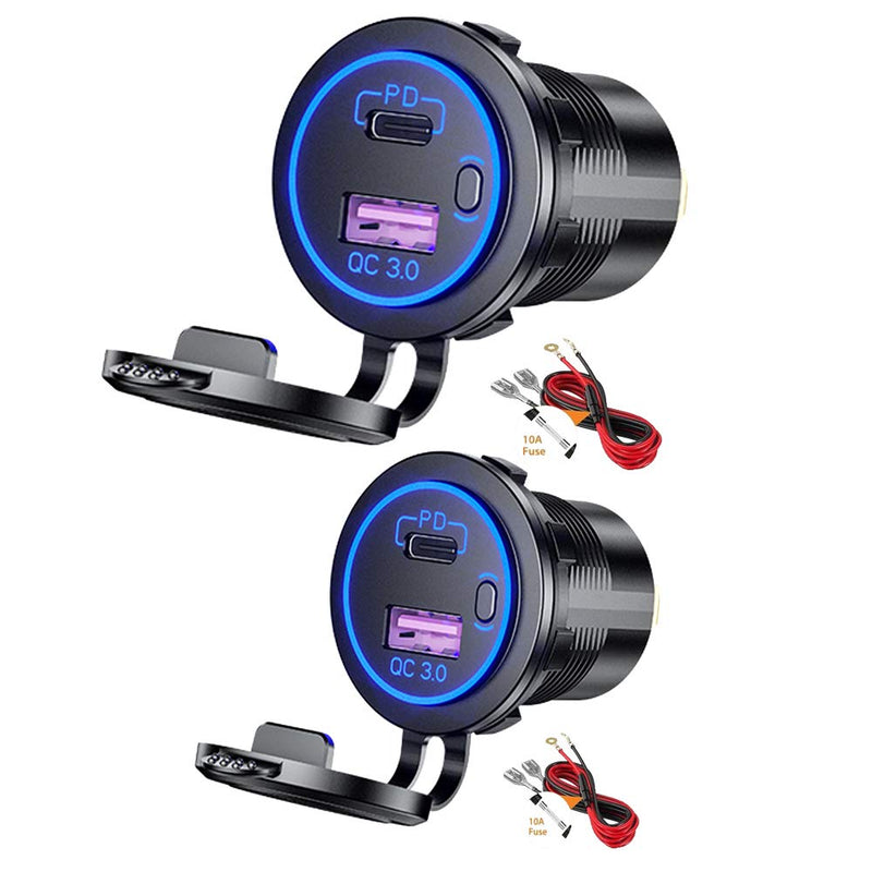 [Australia - AusPower] - 2 Packs PD Type C USB Car Charger Socket and QC 3.0 Quick Charger 12V/24V Car Power Outlet Socket with ON/Off Switch Waterproof Power Delivery for Motorcycle Marine 