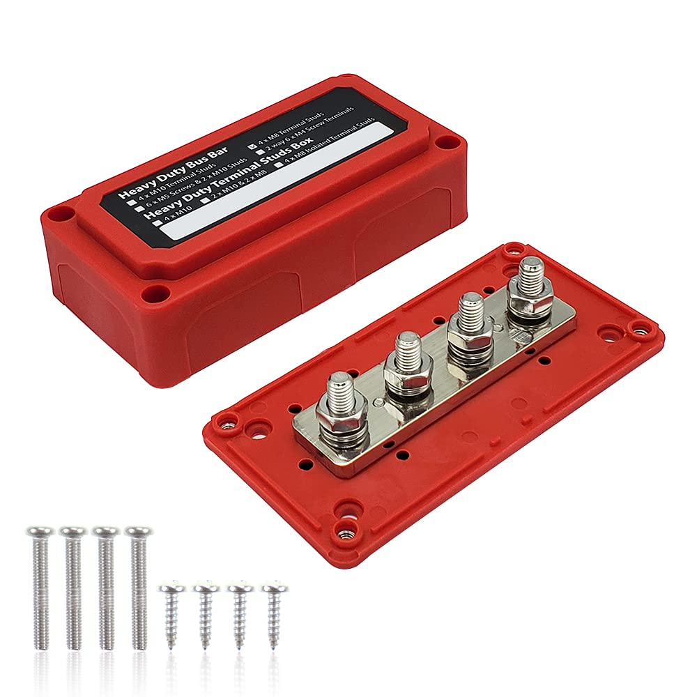 [Australia - AusPower] - IZTOSS 300A Bus Bar 5/16" Heavy Duty Module Design BusBar Box Power Distribution Block 48V 4X M8 Terminal Studs Battery Junction Block for Battery Marine RV Truck (Red) M8 (5/16")Red 