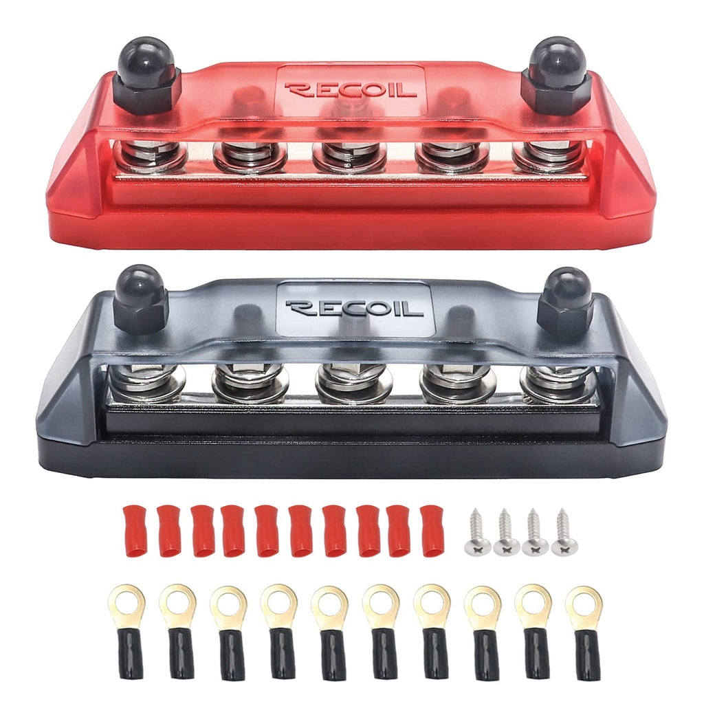 [Australia - AusPower] - RECOIL BB5P Busbar 5 x 3/8” Studs Red & 5 x 5/16” Studs Black Power Distribution Block with Ring Terminals, Pair Red 5x3/8" Studs & Black 5x5/16" Studs Pair 