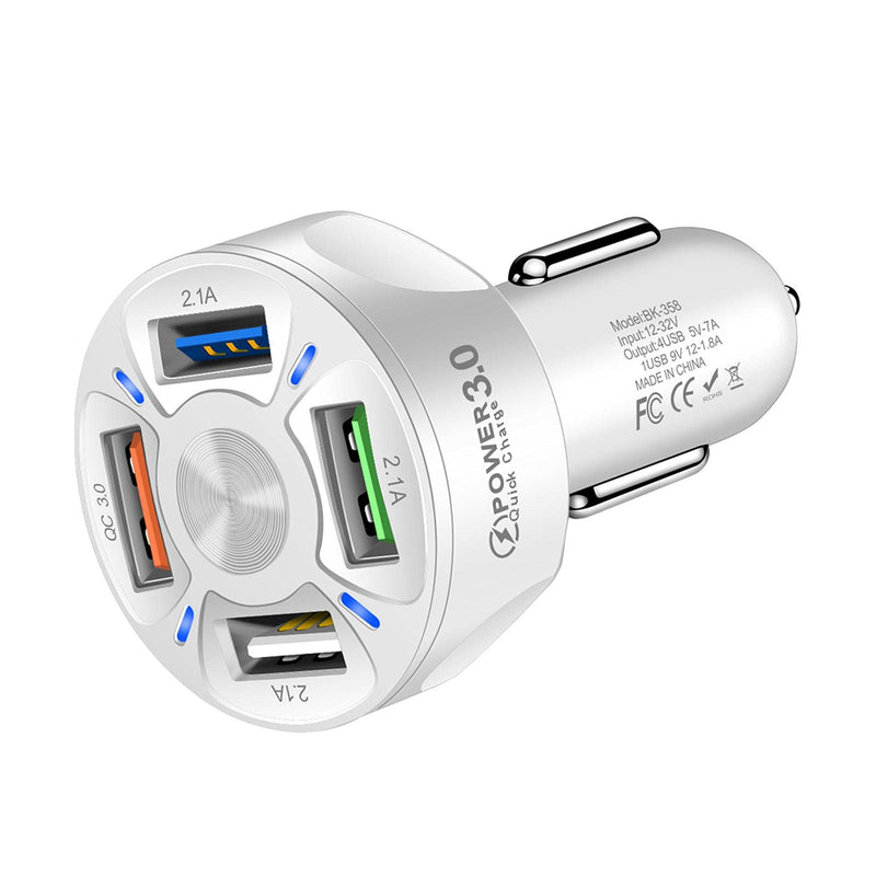 [Australia - AusPower] - Yuhoo USB Car Charger, Universal 4-Port Car Charger with Q-C 3.0 Fast Charge and LED Light, Durable Car Charger Supplies Compatible with Phone (White) free size 