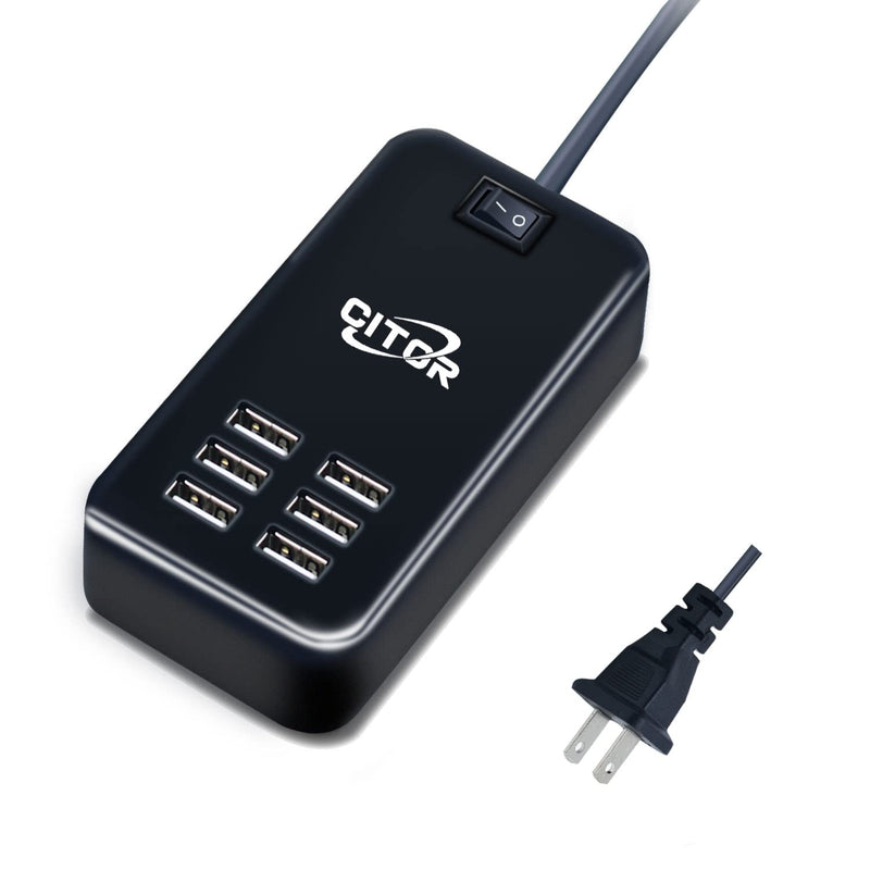 [Australia - AusPower] - Multiport USB Charger, 6 Port USB Charging Station for Multiple Devices, Phone, Tablet, Power Strip with ON/Off Switch (Black) black 