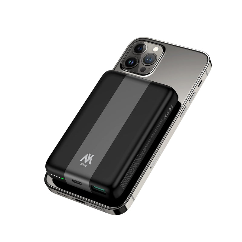 [Australia - AusPower] - MYao Magnetic Battery Pack, 10000mAh Wireless Portable Phone Charger and USB-C Power Bank for iPhone 14/13/12 Series, iPad and Other Qi-Enabled Cell Phone (Black) Black 