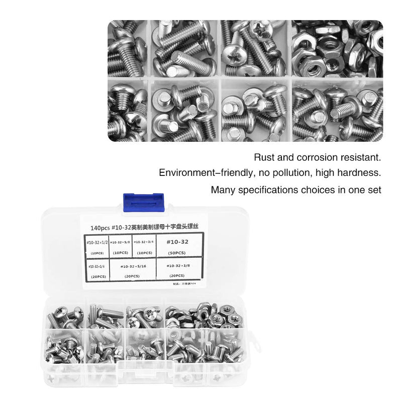 [Australia - AusPower] - 140pcs #10-32 304 Screws and Nuts, Stainless Steel Pan Head Screws Kit Assortment Set Repair Tool Accessory 