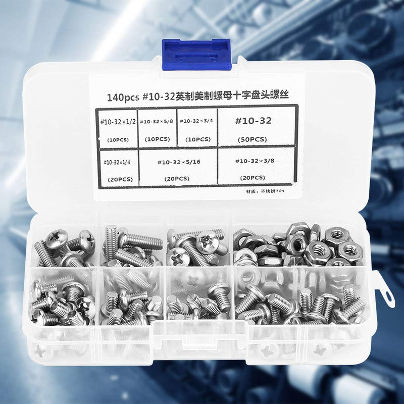 [Australia - AusPower] - 140pcs #10-32 304 Screws and Nuts, Stainless Steel Pan Head Screws Kit Assortment Set Repair Tool Accessory 