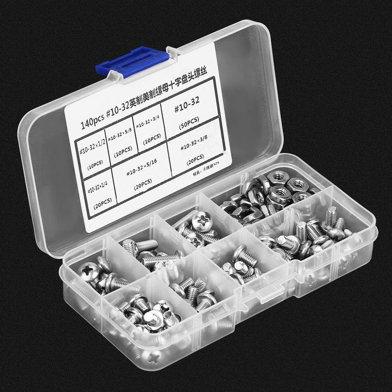 [Australia - AusPower] - 140pcs #10-32 304 Screws and Nuts, Stainless Steel Pan Head Screws Kit Assortment Set Repair Tool Accessory 