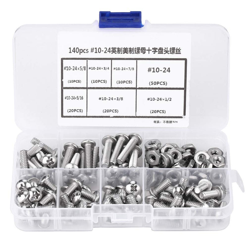 [Australia - AusPower] - 140pcs Set #10-24 Cross Pan Head Screws Stainless Steel Machine Bolts Nuts Pan Head Machine Screws Screws Assortment Set with Plastic Storage Box Assortment kit 