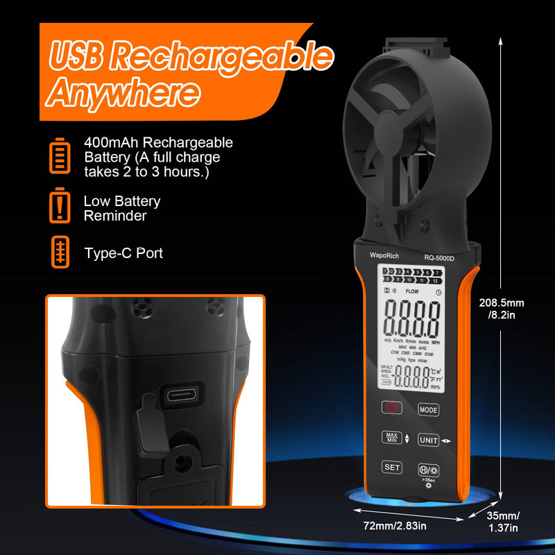 [Australia - AusPower] - Wind Meter CFM Meter, WapoRich Anemometer Handheld Wind Speed Meter Digital Wind Meter Rechargeable Measures Air Volume/Wind Speed/Temp with MAX/MIN for HVAC Drone RQ-5000D 