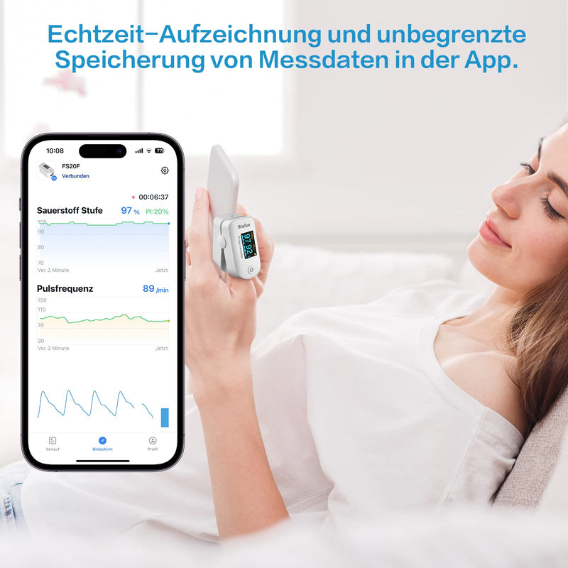 [Australia - AusPower] - Pulse Oximeter with Data Memory, Bluetooth App, Oxygen Saturation Measurement, Finger Pulse Oximeter, Oxygen Content Health Monitor, Heart Rate Monitor and SpO2 White 