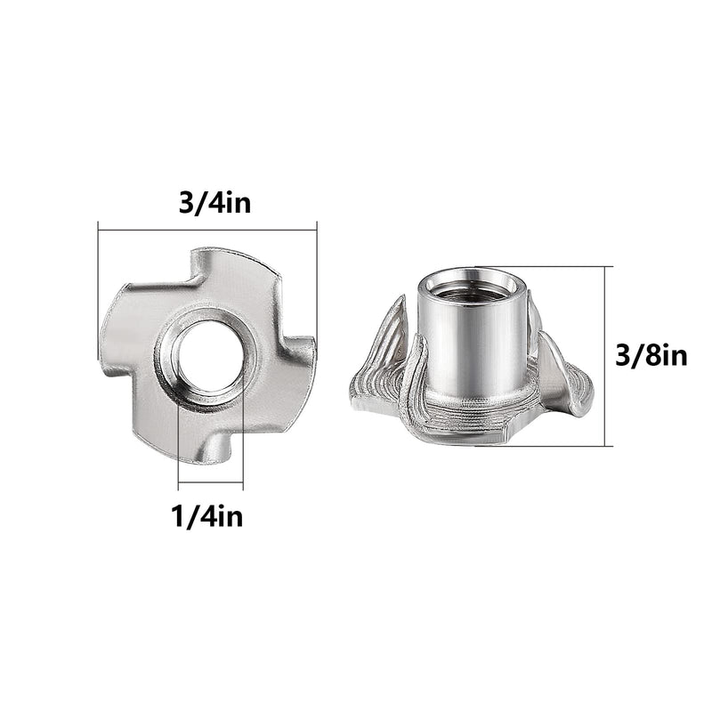 [Australia - AusPower] - 100pcs 1/4"-20 T-nut 304 stainless steel four-jaw - for home, hotel outdoor threaded insertion 