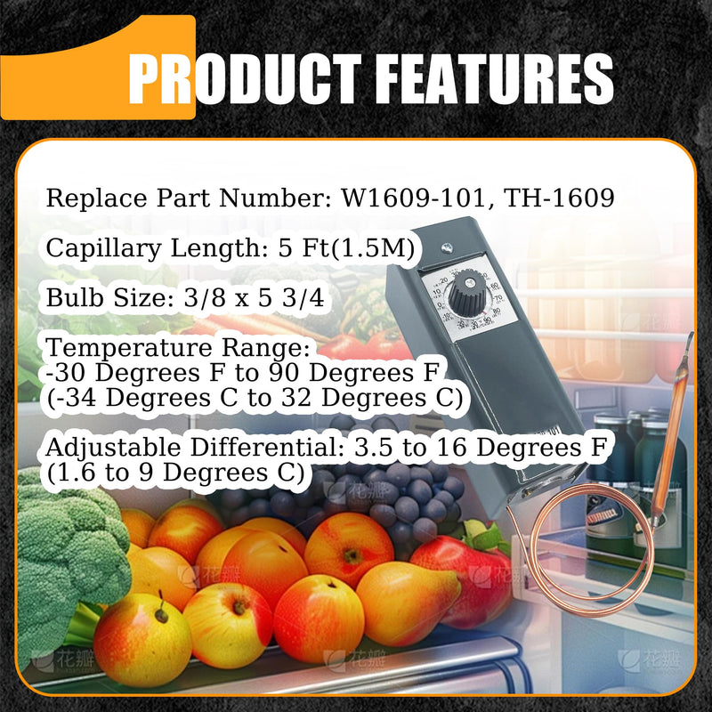[Australia - AusPower] - W1609-101 Thermostat Temperature Controller Refrigeration Remote Bulb TH-1609, from -30 Degrees F to 90 Degrees F, 5 Ft Capillary (-34 Degrees C to 32 Degrees C) 
