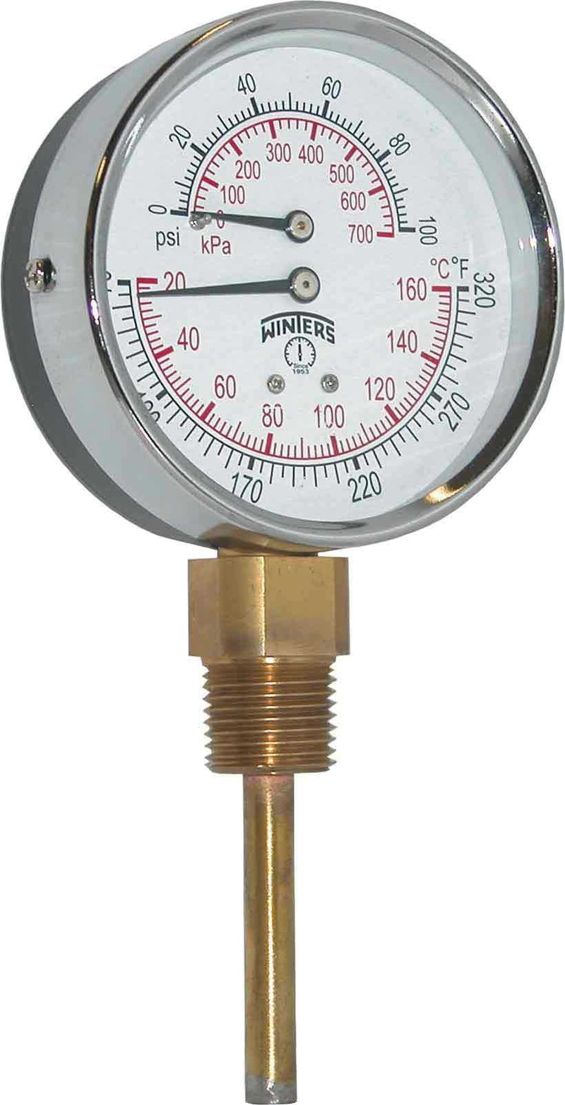 [Australia - AusPower] - Winters TTD Series Steel Dual Scale Tridicator Thermometer with 2" Stem, 0-100psi/kpa, 3" Dial Display, ±3-2-3% Accuracy, 1/2" NPT Bottom Mount, 70-320 Deg F/C 
