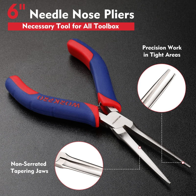[Australia - AusPower] - WORKPRO 6" Needle Nose Pliers, Mini Long Nose Pliers with Comfort Grip Handles, Pliers Needle Nose for Wire Wrapping, Crafts, Jewelry Making Supplies 