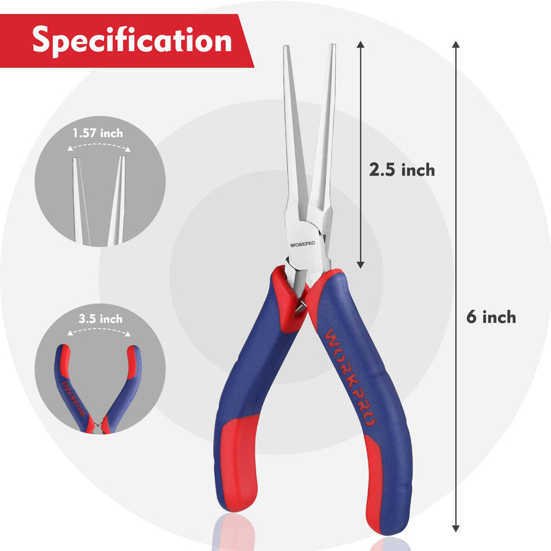 [Australia - AusPower] - WORKPRO 6" Needle Nose Pliers, Mini Long Nose Pliers with Comfort Grip Handles, Pliers Needle Nose for Wire Wrapping, Crafts, Jewelry Making Supplies 