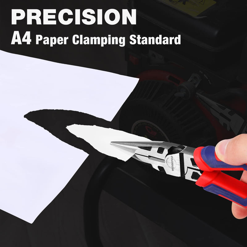 [Australia - AusPower] - WORKPRO Premium 8” Needle Nose Pliers, Paper Clamp Precision, Heavy-Duty CRV Steel, Large Soft Grip with Wire Cutter, Long Nose Cutting Pliers, W031269 8-inch 