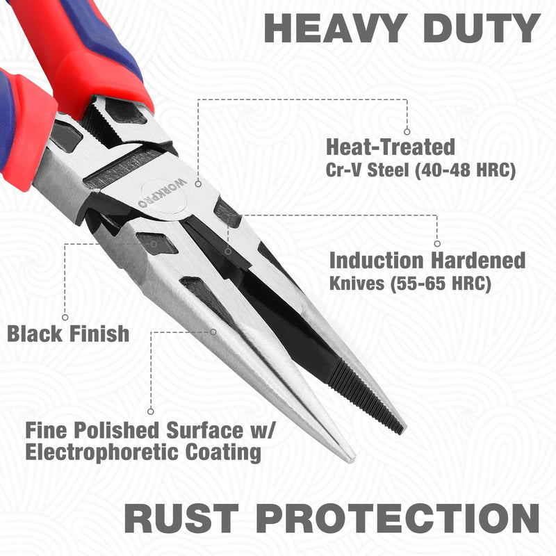 [Australia - AusPower] - WORKPRO Premium 8” Needle Nose Pliers, Paper Clamp Precision, Heavy-Duty CRV Steel, Large Soft Grip with Wire Cutter, Long Nose Cutting Pliers, W031269 8-inch 