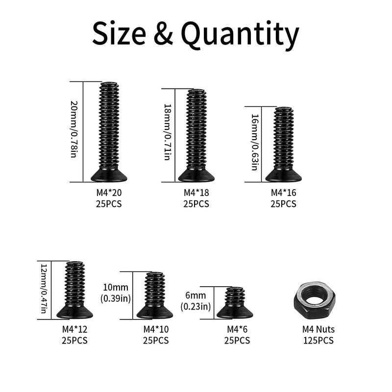 [Australia - AusPower] - M4 Flat Head Machine Screws and Nuts Kit, 275 Pcs Black Countersunk Head Phillips Screws Bolts Hex Nuts Assortment Kit - M4 x 6mm/ 10mm/ 12mm/ 16mm/ 18mm/ 20mm 