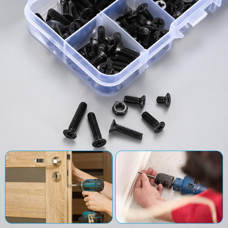 [Australia - AusPower] - M4 Flat Head Machine Screws and Nuts Kit, 275 Pcs Black Countersunk Head Phillips Screws Bolts Hex Nuts Assortment Kit - M4 x 6mm/ 10mm/ 12mm/ 16mm/ 18mm/ 20mm 