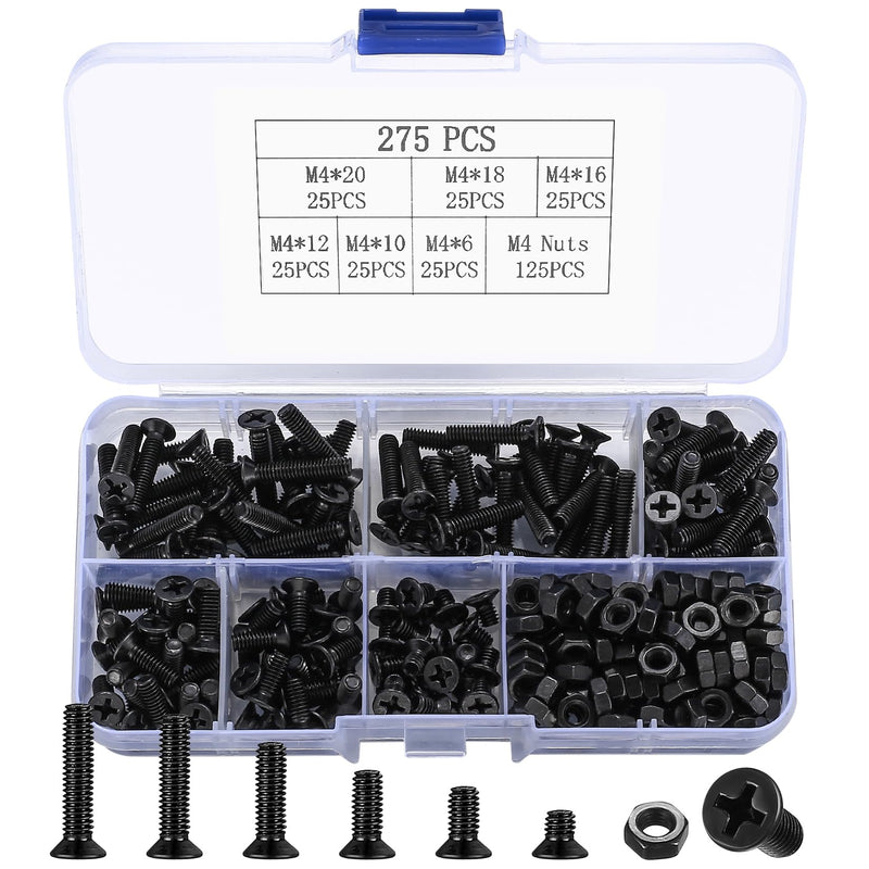 [Australia - AusPower] - M4 Flat Head Machine Screws and Nuts Kit, 275 Pcs Black Countersunk Head Phillips Screws Bolts Hex Nuts Assortment Kit - M4 x 6mm/ 10mm/ 12mm/ 16mm/ 18mm/ 20mm 
