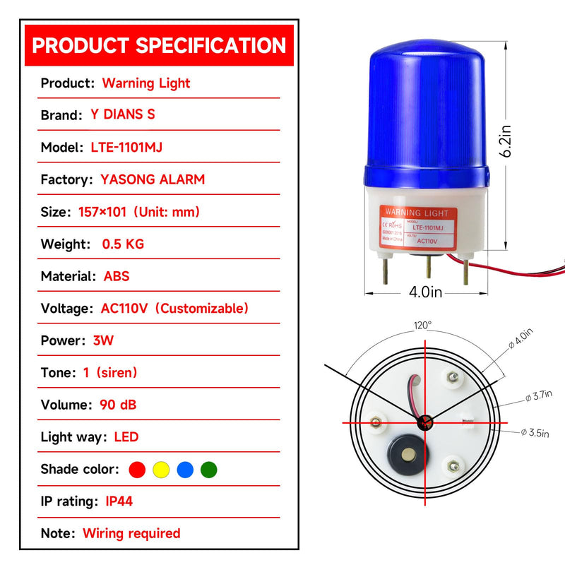 [Australia - AusPower] - Rotating Strobe Light for Trucks AC110V-120V Blue Beacon Flashing Alarm Light with 90dB Loud Buzzer Emergency Security Lights for Vehicles 
