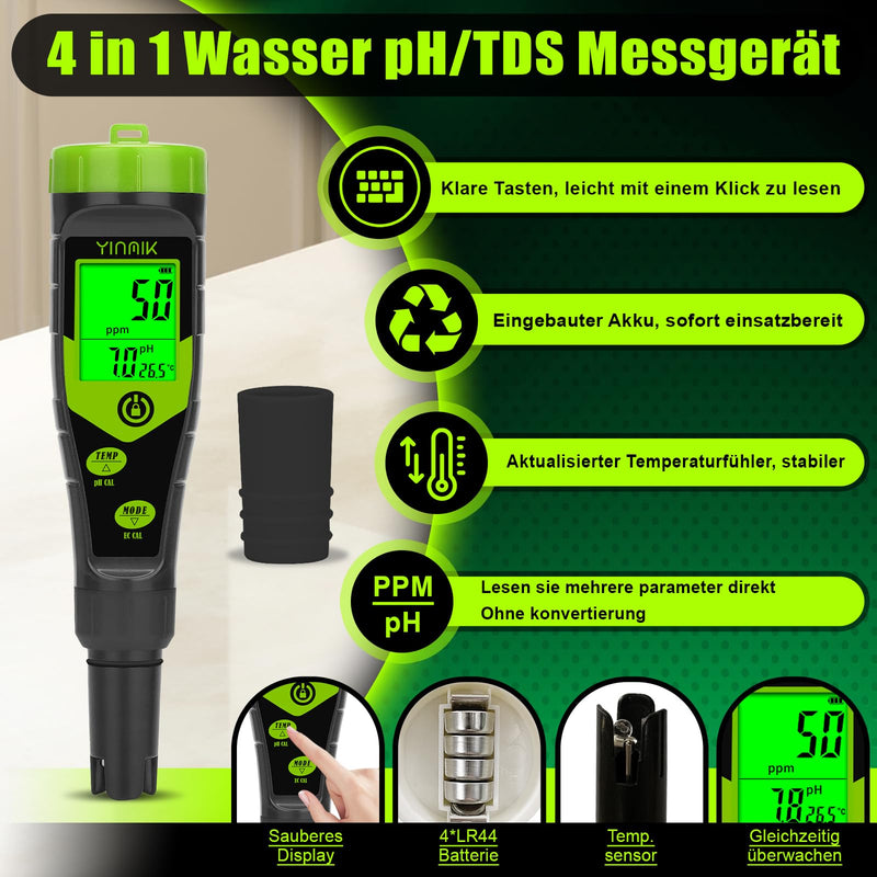 [Australia - AusPower] - YINMIK pH EC Meter Pool pH Tester 4 in 1 Conductivity Meter PPM Tester Simultaneous Measurement of PH, EC, Temperature and TDS for Water, Aquarium, Beer Making, Hydroponics 