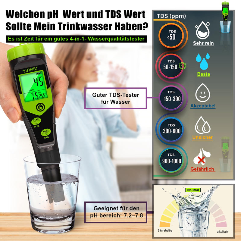 [Australia - AusPower] - YINMIK pH EC Meter Pool pH Tester 4 in 1 Conductivity Meter PPM Tester Simultaneous Measurement of PH, EC, Temperature and TDS for Water, Aquarium, Beer Making, Hydroponics 