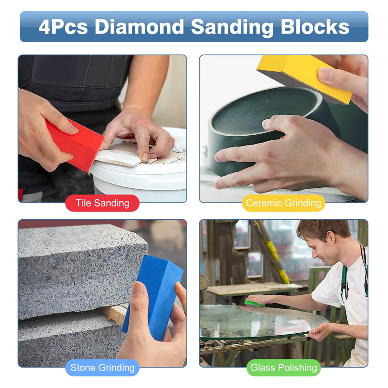 [Australia - AusPower] - Pack of 4 Glass Grinders, Diamond Hand Sanding Pad, Tile Sanding Blocks, Polishing Pads, Diamond Sanding Pad for Stone Ceramic Tiles, Glass Grinding, Trimming, 60#, 100#, 200#, 400# 